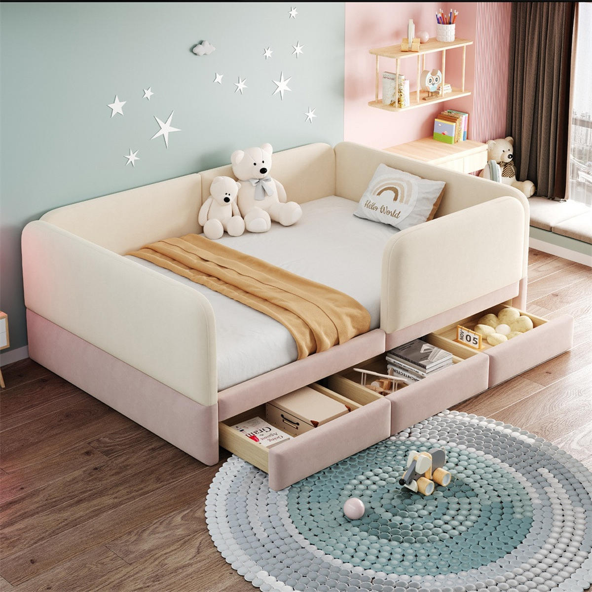 POLSTERBETT 140x200 cm mit Rundum-Sicherheitsumrandung & 3 Schubladen - Beige&Rosa - Samt - ohne Matratze - Pink, Textil (140/200cm) - DELFA