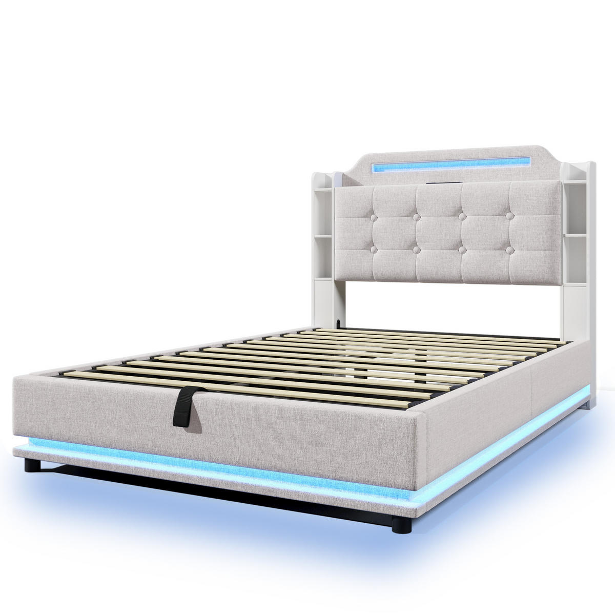 POLSTERBETT mit Bettkasten 140x200 cm Leinen Beige mit LED - Beige, Metall (140/200cm) - Meubliv