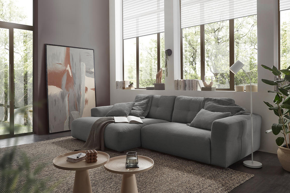 ECKSOFA XL MIKA Grau Cord - Schwarz/Grau, Kunststoff/Textil (296/167cm) - KAWOLA