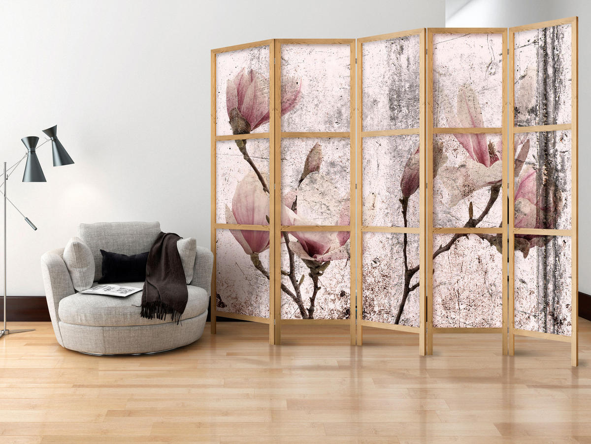 PARAVENT Japanischer 5-tlg 225x172 cm Magnolien Vintage - Beige, Holz/Textil (225/172/3cm) - Muralo