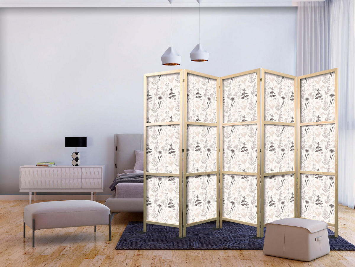 PARAVENT Japanischer 5-tlg 225x172 cm Kr uter Und Blumen - Beige, Holz/Textil (225/172/3cm) - Muralo