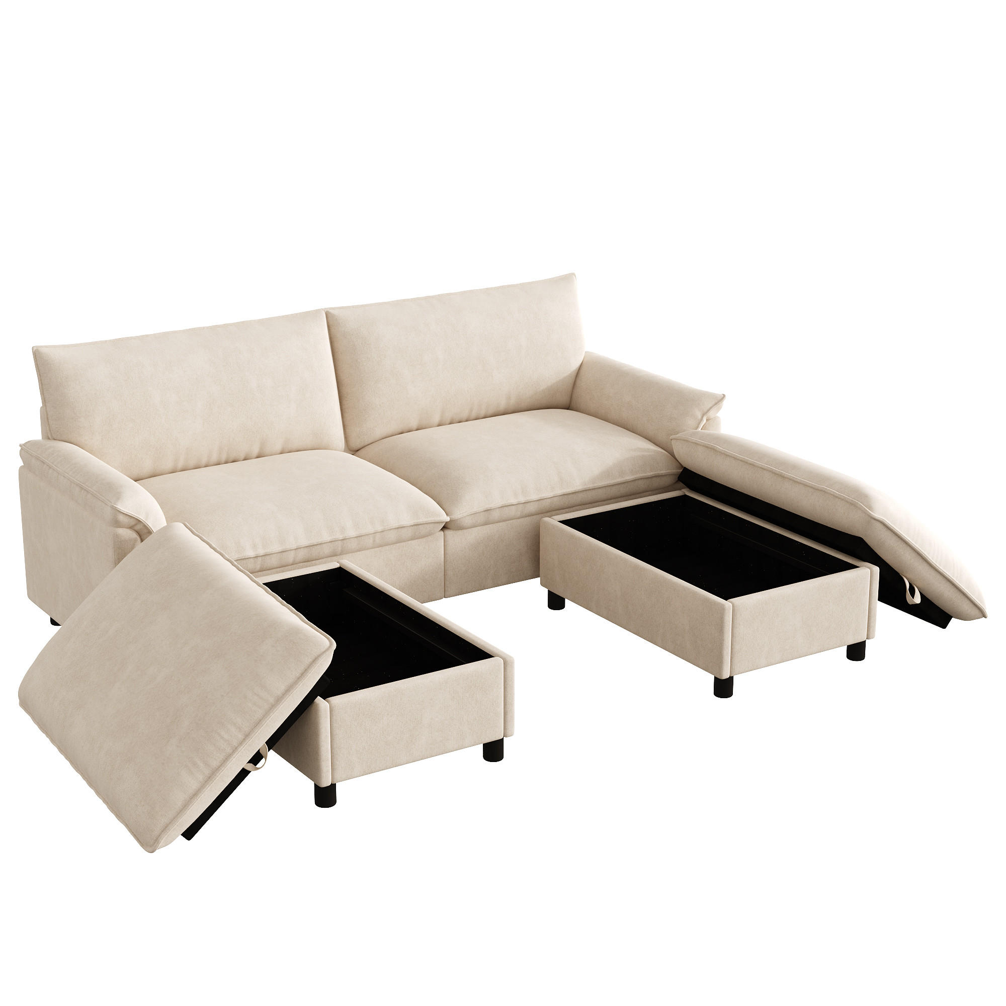ECKSOFA Chenille Beige mit Schlaffunktion, Stauraum und mit Hocker - Beige, Holzwerkstoff/Kunststoff (216/77cm) - WISHDOR