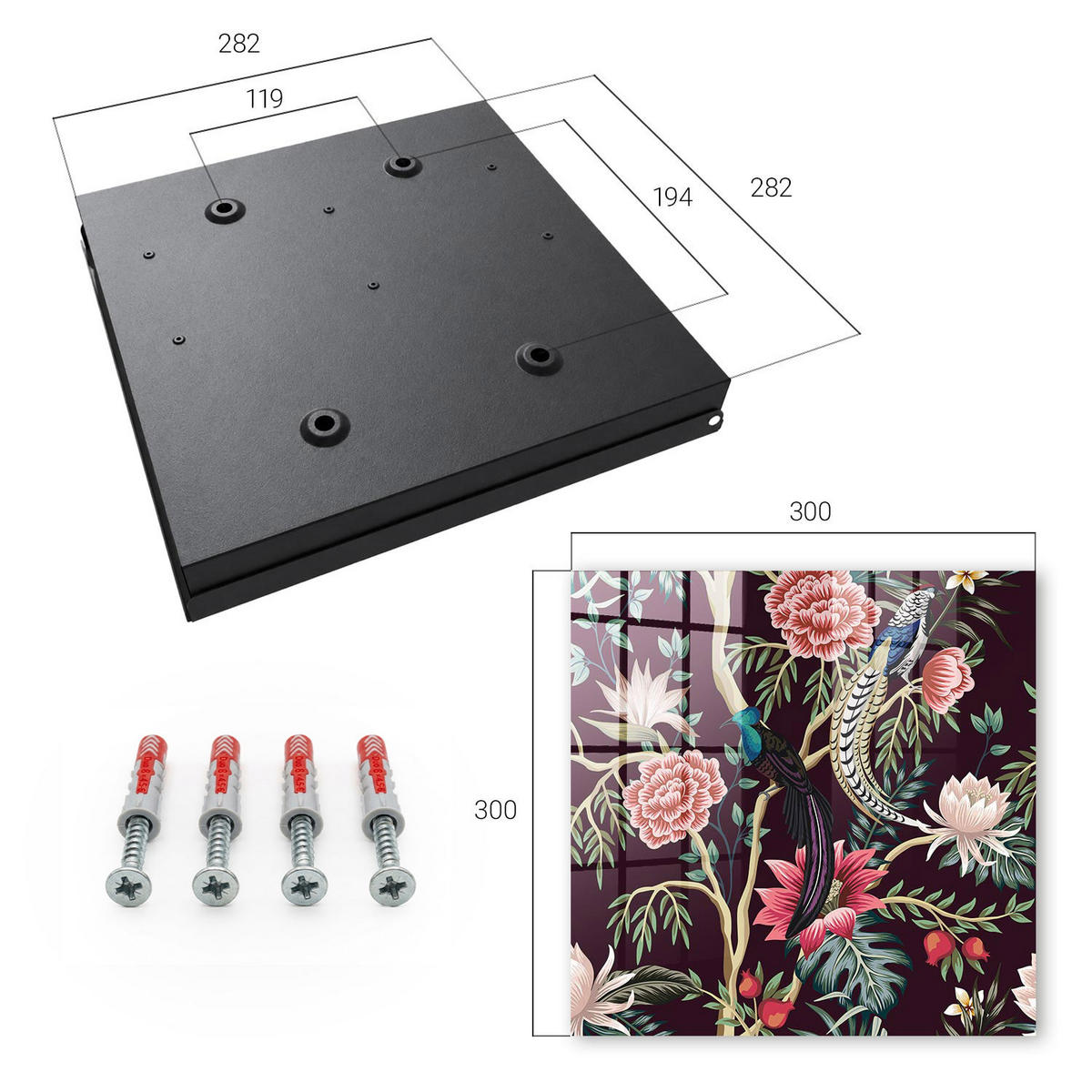 SCHLÜSSELBOX Schwarz 30x30 cm- Türöffnung nach rechts - Blumen und Vögel - Pink, Metall (30/30/5cm) - TULUP