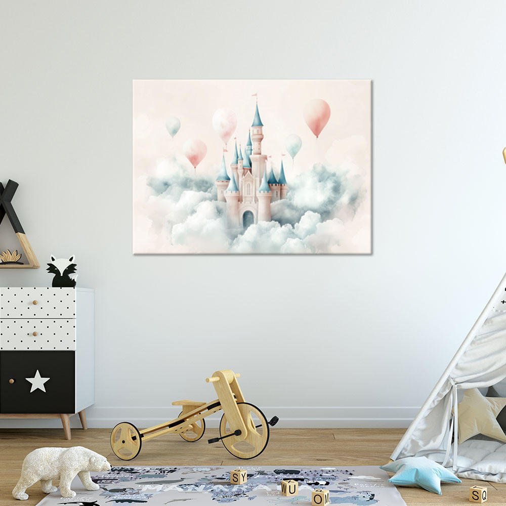 WANDBILD für kinderzimmer schloss mit luftballons in den wolken - Beige, Textil (120/80cm) - Feeby