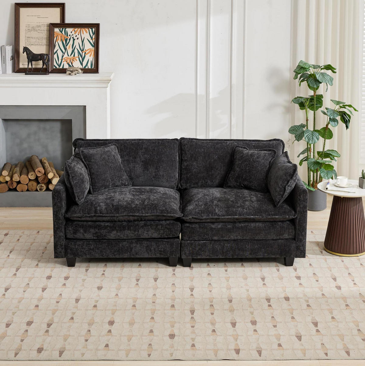 2-SITZER-SOFA aus Chenille in Schwarz mit modularem Design - Schwarz, Textil (75/84/198cm) - Modfu