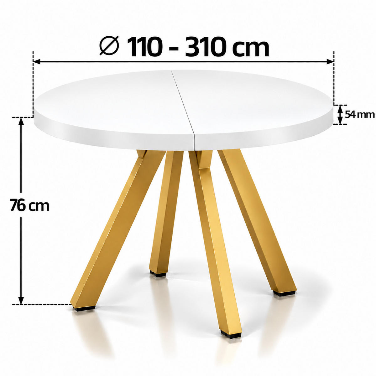 ESSTISCH rund ausziehbar 110/310/76 cm, Weiß, 54 cm Tischplatte + Y Metallgestell Gold - Goldfarben/Weiß, Holzwerkstoff/Metall (110/310/76cm) - Damale Möbel