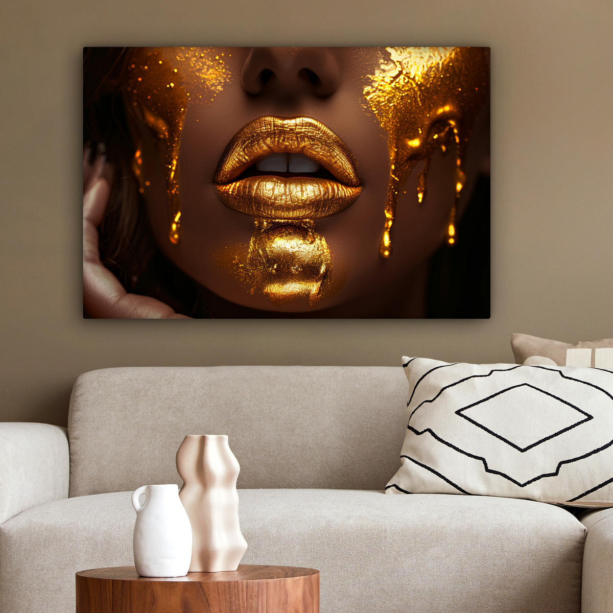 LEINWANDBILD Frau - Gold - Luxus - Porträt 90x60 cm - Goldfarben, Textil (90/60cm) - MuchoWow