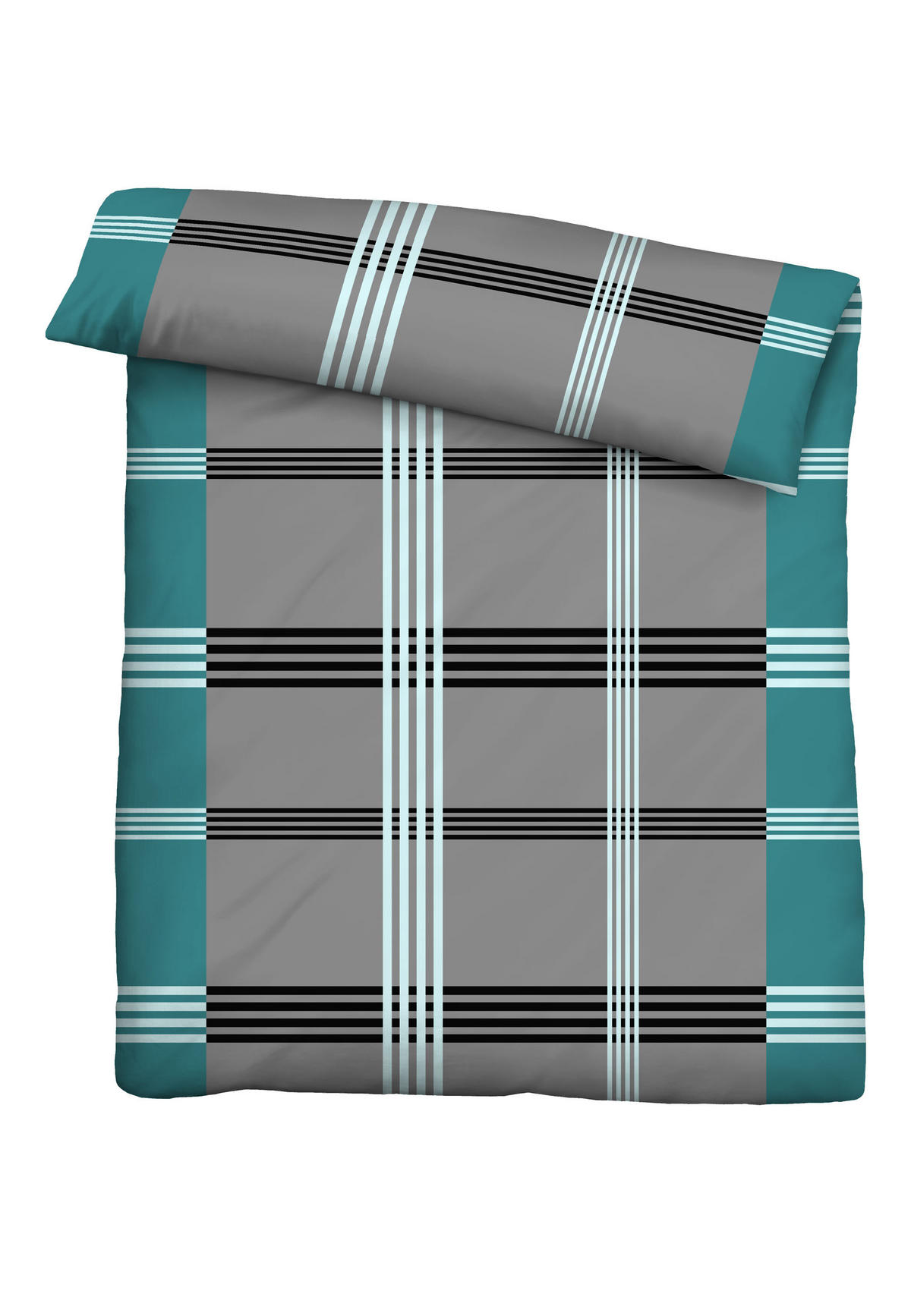 BETTWÄSCHE-GARNITUR Renforcé Karo-streifen türkis, 155x220 cm + 80x80 cm - Türkis, Textil (155/220cm) - Castell