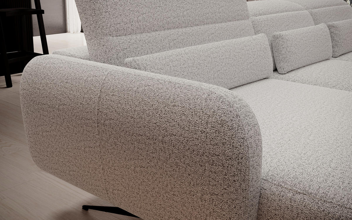 ECKSOFA Barillo – Verstellbare Rückenlehne, Stahlfüße, Elegante Armlehnen, Drei Rückenkissen, Freistehend, 261x170x97 cm – Rechte, Esche - Silberfarben, Holz/Textil (261/170cm) - DomoHome