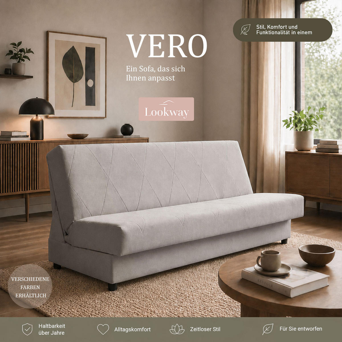 SCHLAFSOFA VERO mit Schlaffunktion Castel 04 - Beige, Textil (191/88/90cm) - Lookway