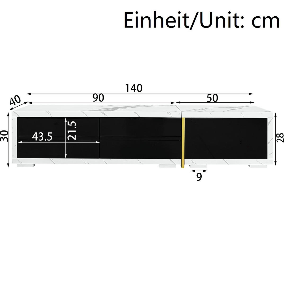 TV ormarić 140-260 cm crni i bijeli mramorni od MDF-a i iverice s rotacijom i velikim prostorom - crna, drvni materijal (260/30/40cm) - OKWISH