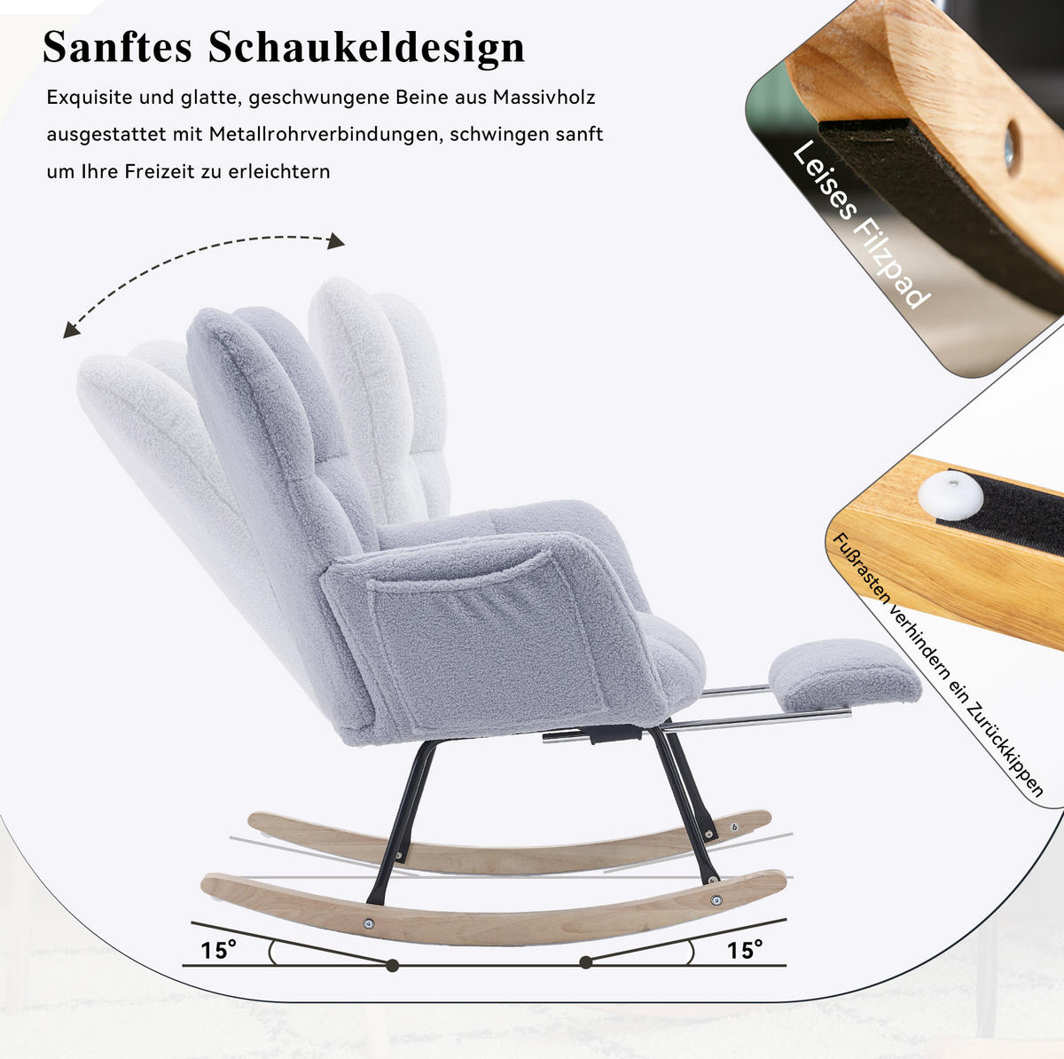 SCHAUKELSTUHL 80/98/98,5 cm grau aus Lammfell-Optik mit Fußablage - Grau, Textil (98/98.5/80cm) - OKWISH