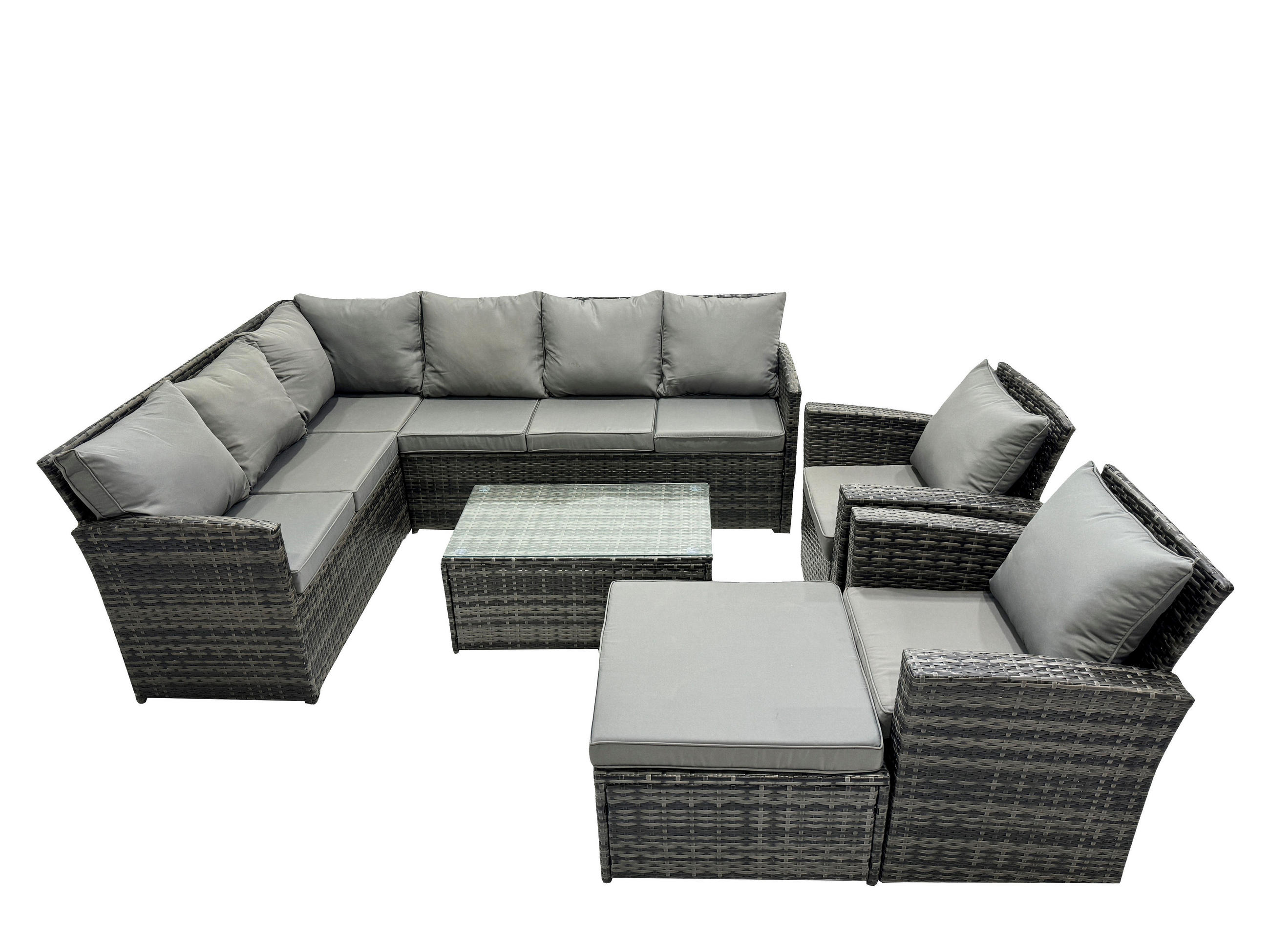 SITZGRUPPE mit Ecksofa,Länglicher Couchtisch ,Hocker,2 Stühle Polyrattan 9-Sitzer - Dunkelgrau/Grau, Glas/Kunststoff - Fimous
