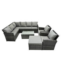 SITZGRUPPE mit Ecksofa,Länglicher Couchtisch ,Hocker,2 Stühle Polyrattan 9-Sitzer - Dunkelgrau/Grau, Glas/Kunststoff - Fimous