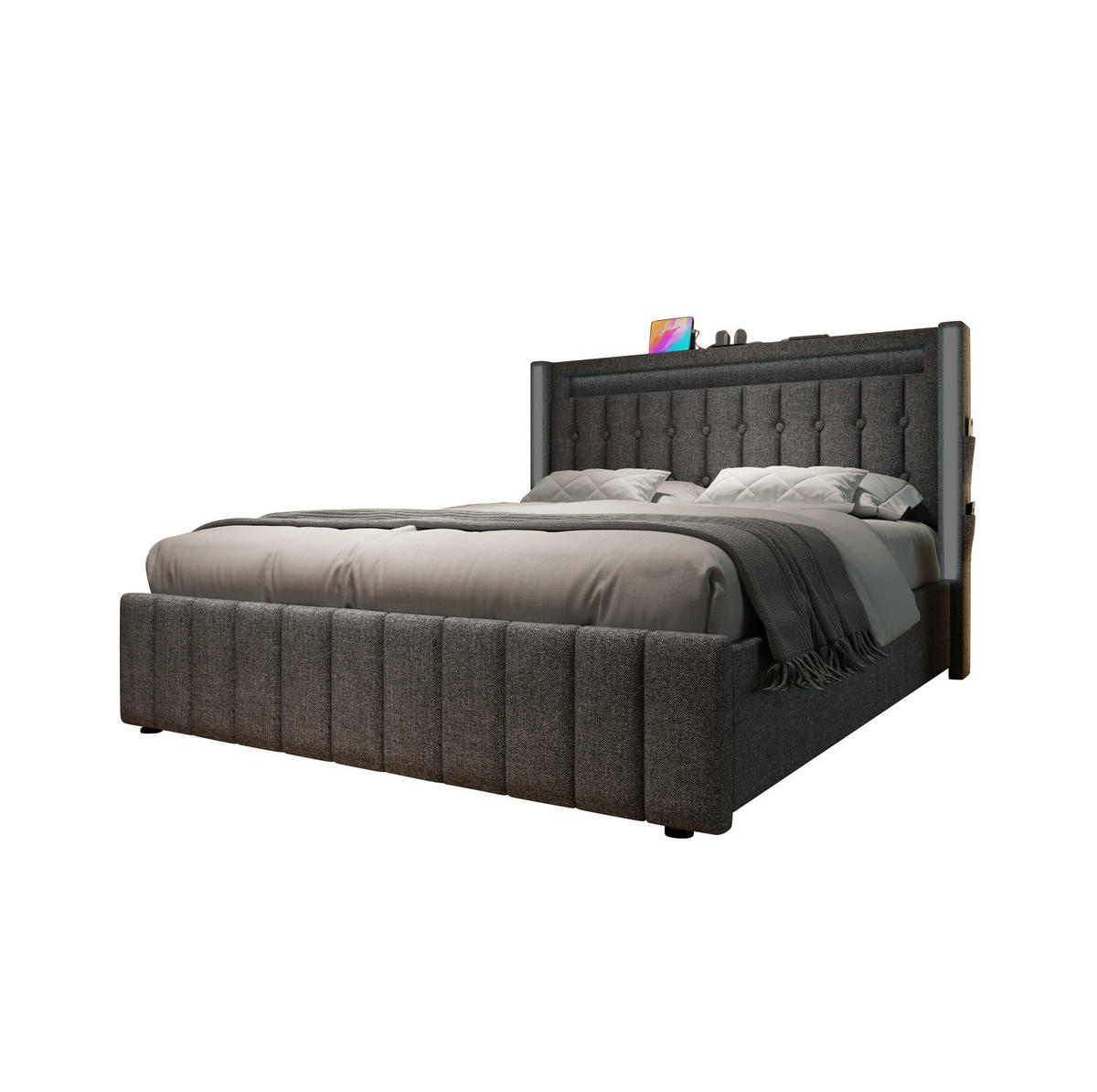 POLSTERBETT 140/200 cm Grau mit USB-Ladefunktion und LED-Beleuchtung - Grau, Textil (140/200cm) - OKWISH