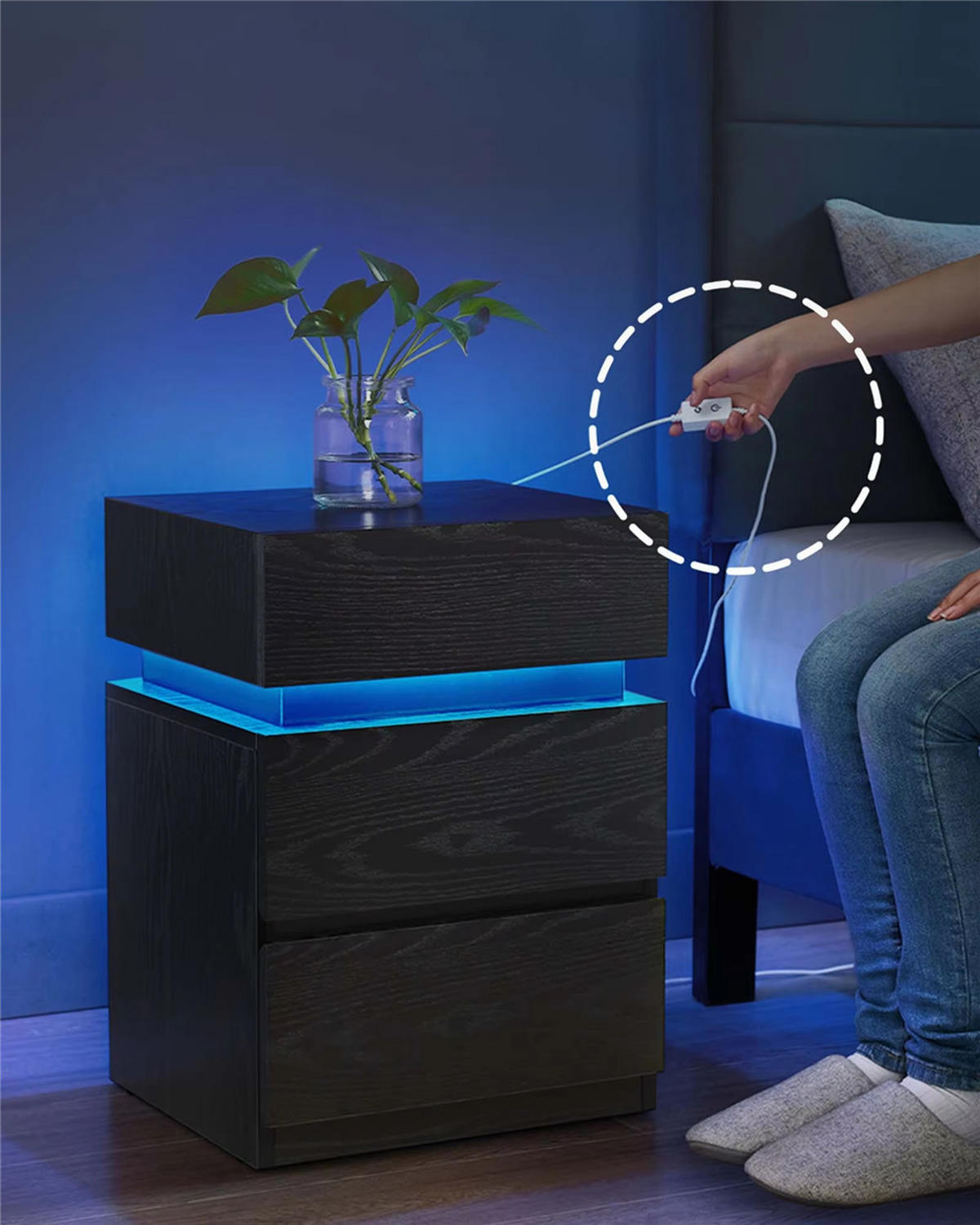 NACHTTISCH LED 40/55/35 cm mit Schubladen Farbwechsel - Schwarz, Holz (40/55/35cm) - Kaket