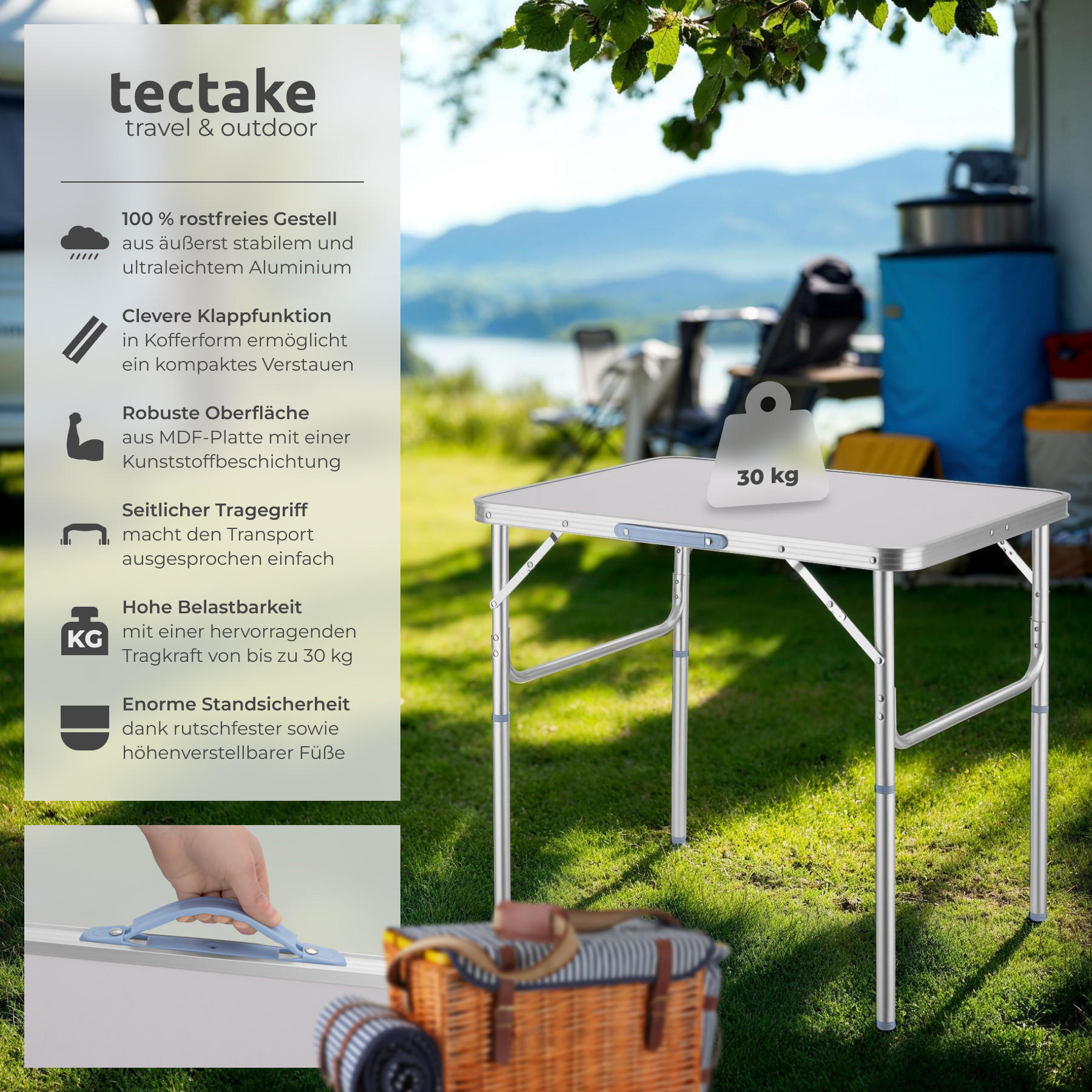 CAMPINGTISCH Lothar,75 x 55 x 68 cm,grau - Grau, Metall (75/55/68cm) - tectake