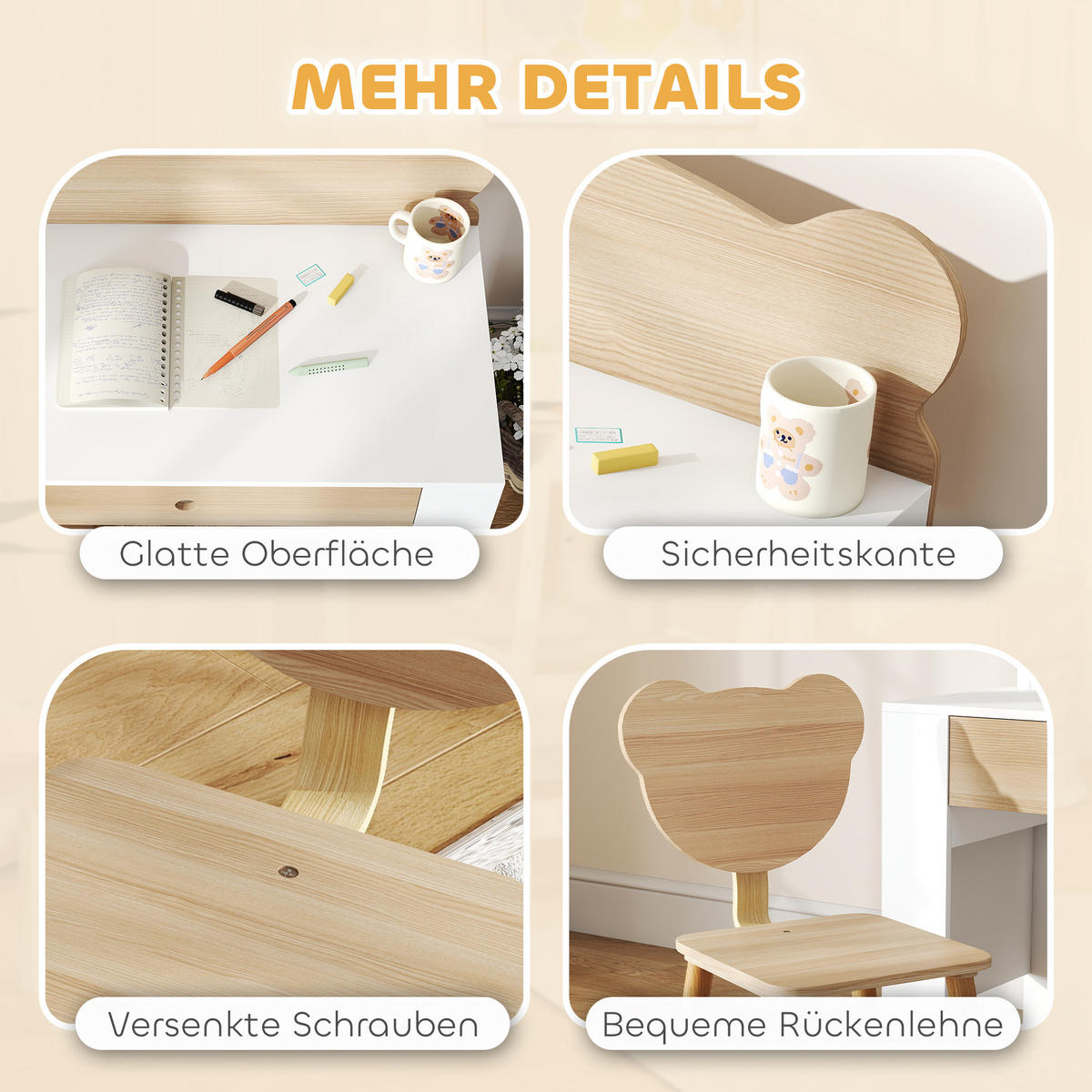 KINDERSCHREIBTISCH Set mit Tischplatte & Schublade Kinder Schreibtisch und Stuhl - Naturfarben, Holz (41/74.5/80cm) - AIYAPLAY