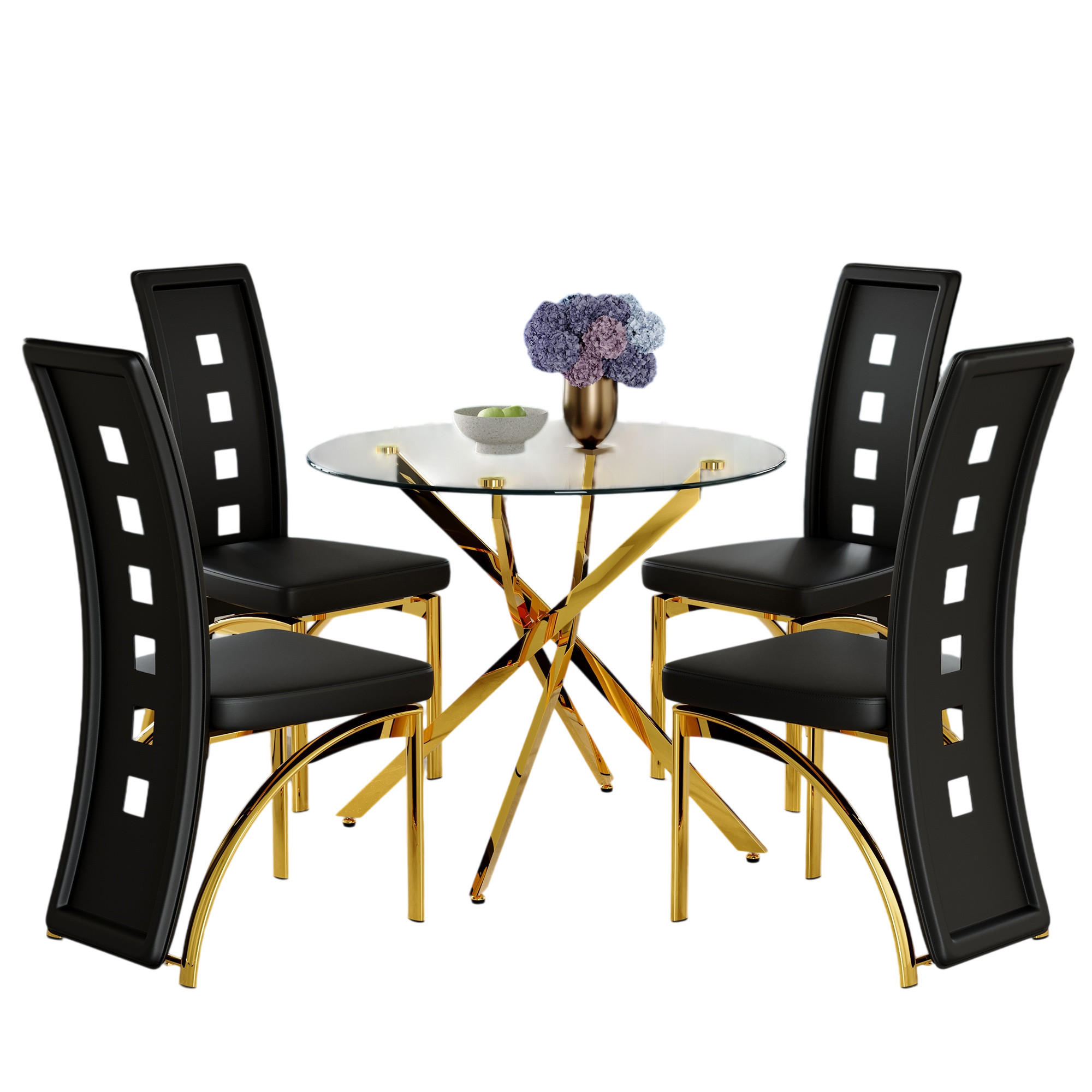 ESSGRUPPE DE-39452 5-teilig, Glastisch und 4 Stühlen mit Lochmuster Schwarz/Gold - Goldfarben/Schwarz, Metall (88/75/88cm) - ComfortXL