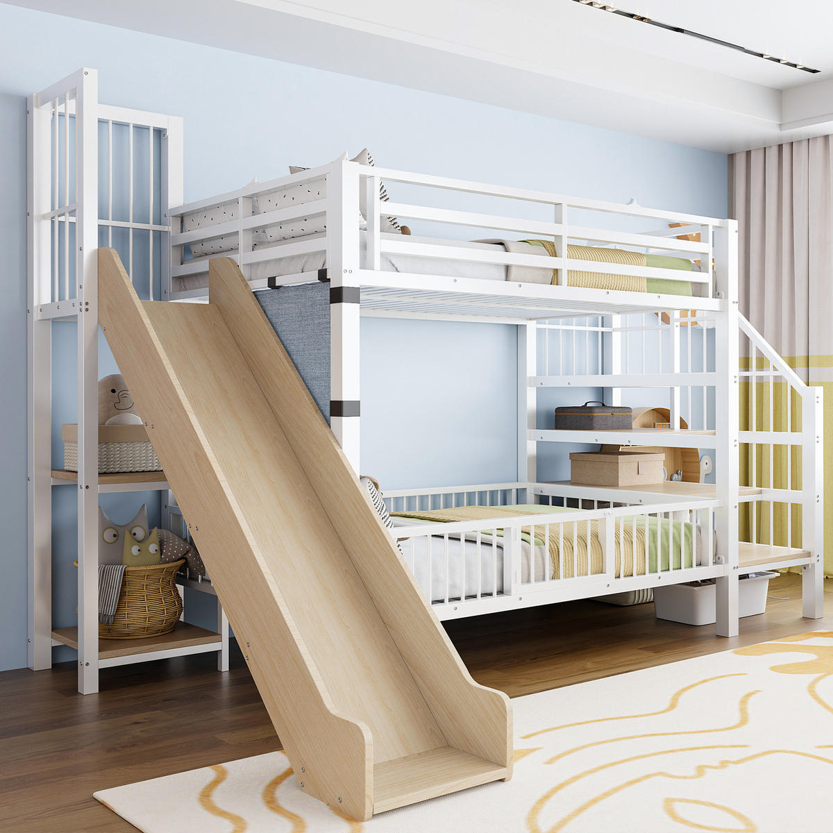 ETAGENBETT 90/200 cm Weiß mit Rutsche und Stauraumtreppe aus Metall - Weiß, Metall (90/200cm) - Flora Grace