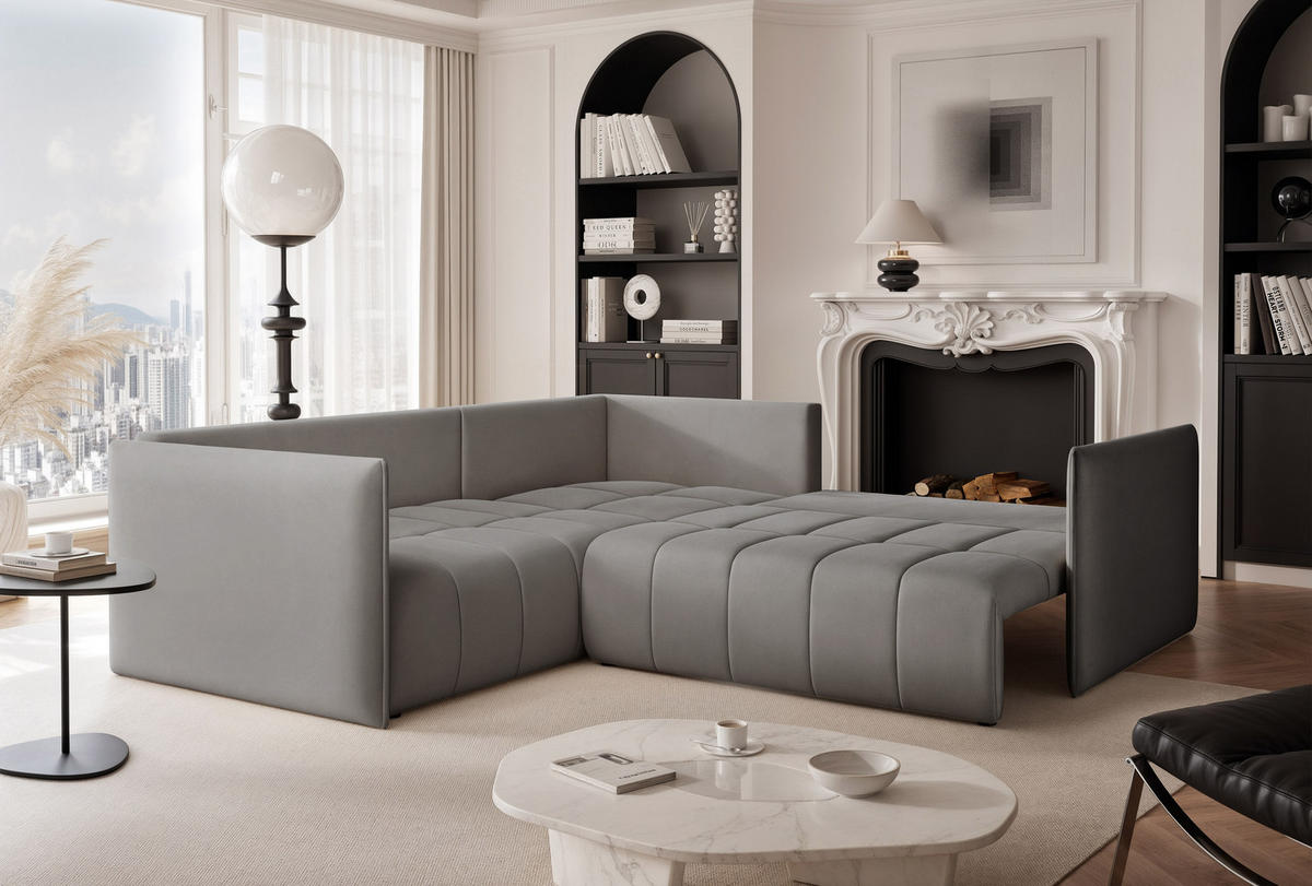 ECKSOFA OLIMPIA mit Schlaffunktion und Bettkasten Grau - Grau, Holzwerkstoff/Kunststoff (235/230cm) - Idohome