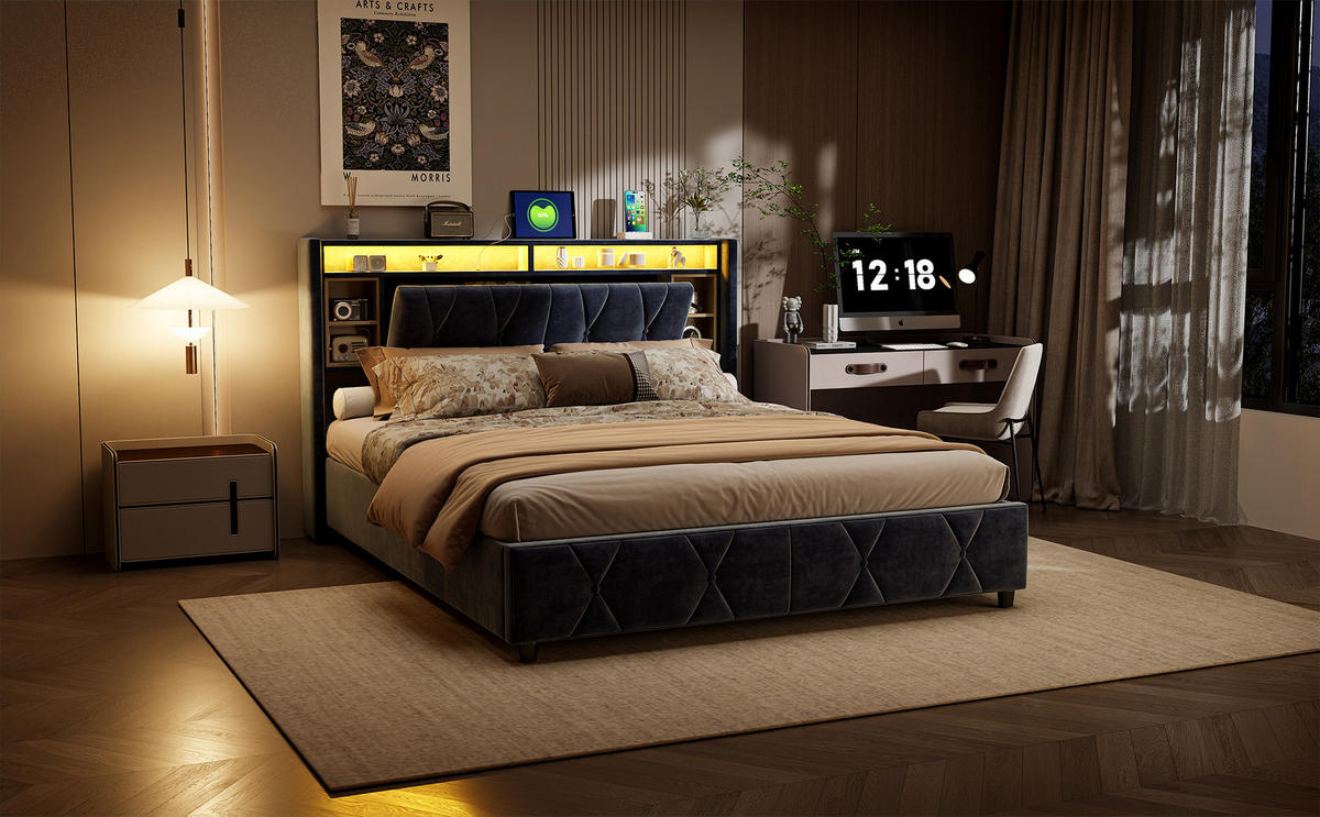 POLSTERBETT 140x200 cm Grau Samt LED USB Stauraum Nachttisch - Grau, Holz (140/200cm) - SHOPENTRA
