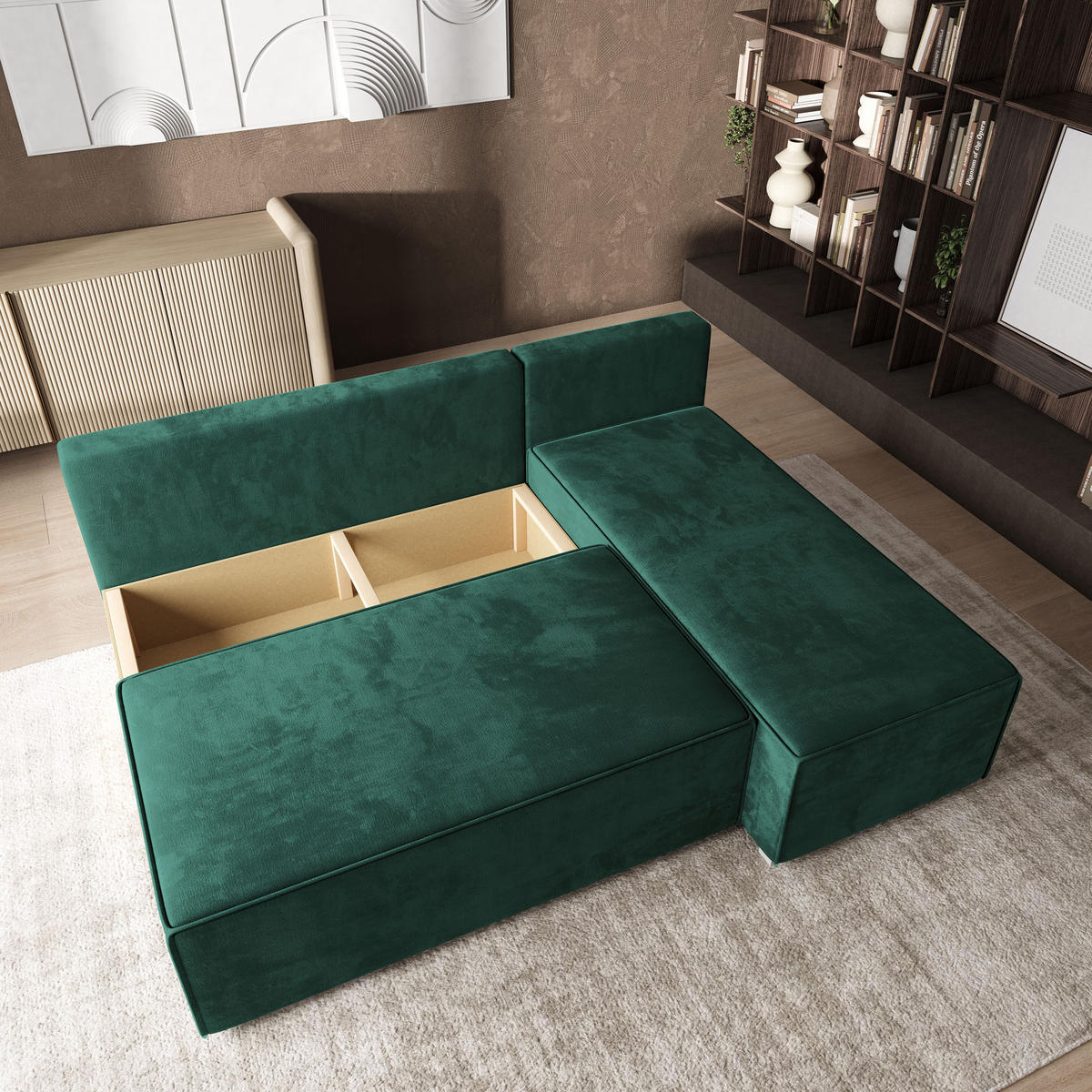 ROHOVÁ SEDAČKA BRISO tmavě zelená - šedá/tmavě zelená, dřevo/textil (200/140cm) - MASSENO