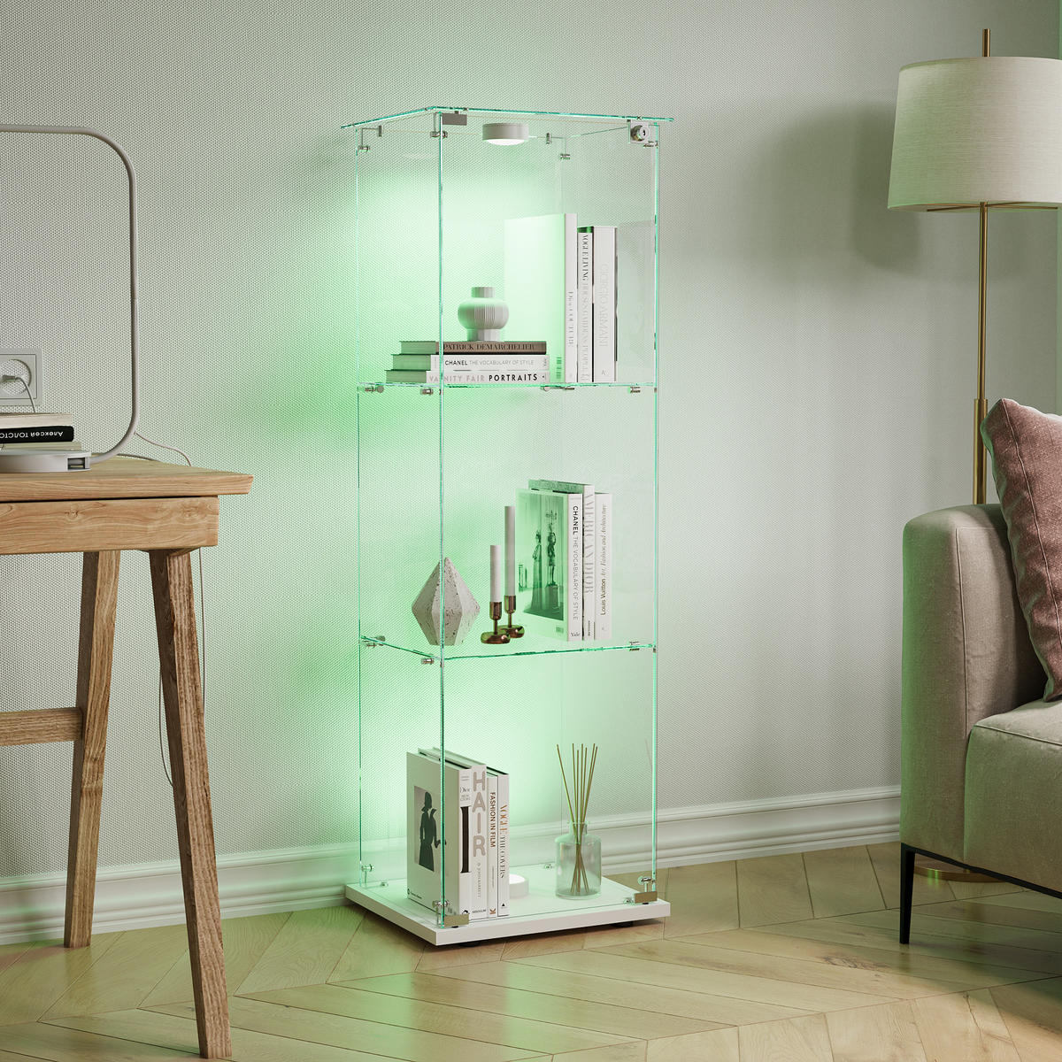 GLASVITRINE 125x42x36 cm 1 Tür 3 Einlegeböden LED Touch weiß - Weiß, Holz (39.8/123.5/35cm) - LEBENLANG