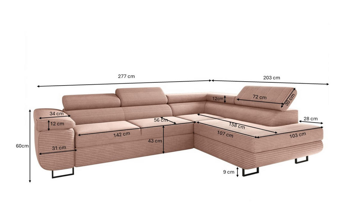 ECKSOFA ATOMIC Mit Schlaffunktion, Stoff Poso, Rosa, Rechts - Rosa, Holz (277/203cm) - Kaiser Möbel