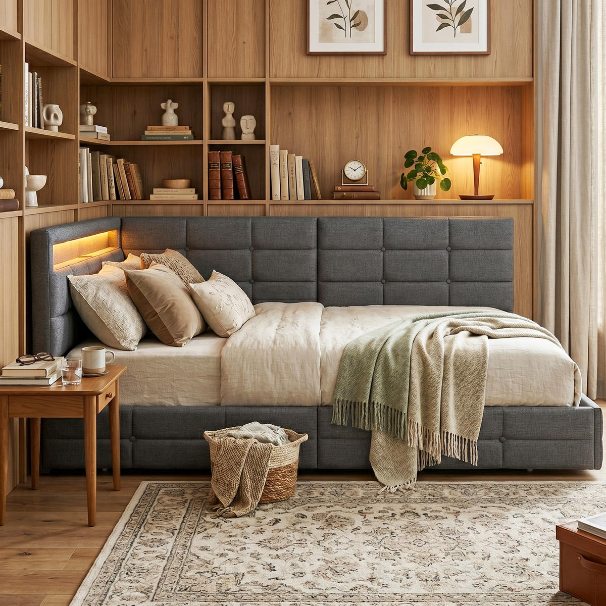 POLSTERBETT Reversibel 140/200 cm mit 2 Schubladen & RGB-LED Leinenoptik Grau - Grau, Textil (140/200cm) - Creahappy