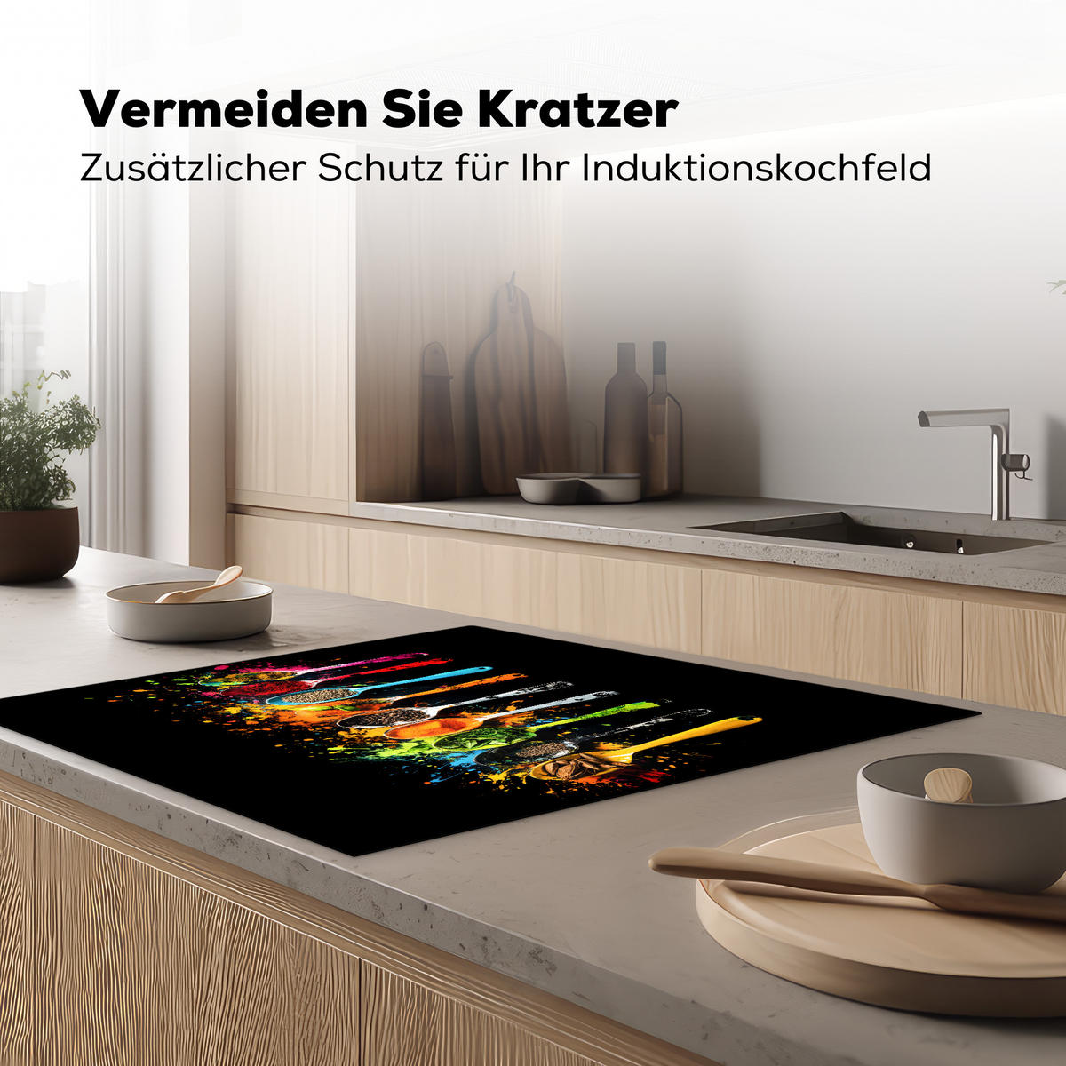 HERDABDECKPLATTE Löffel - Gewürze - Modern - Graffiti - Farbe - Farbenfroh 78x78 cm - Multicolor, Kunststoff (78/0.2/78cm) - MuchoWow