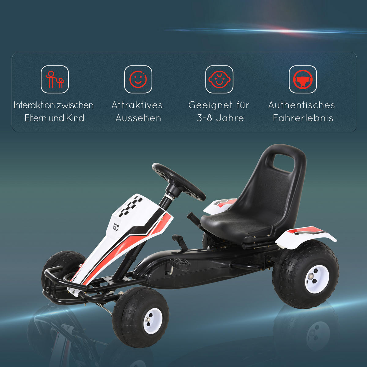 KINDER GO KART TRETAUTO, Weiß, Stahl+ - Weiß, Metall (104/66/57cm) - HOMCOM