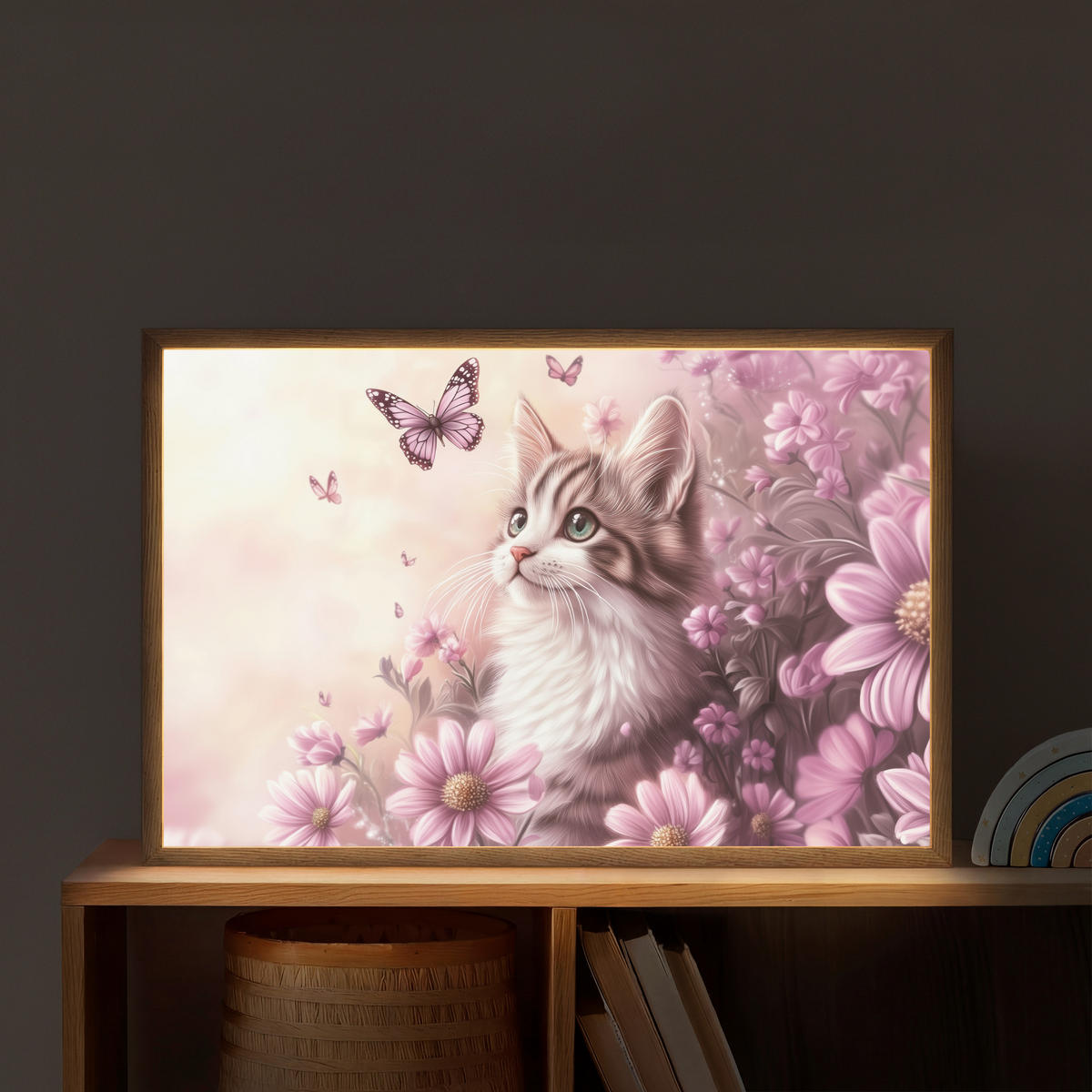 NACHTTISCHLAMPE MIT AKKU Kätzchen - Blumen - Schmetterlinge - Lila 60x40 cm - Altrosa, Holzwerkstoff (8/60/40cm) - OnlyWow
