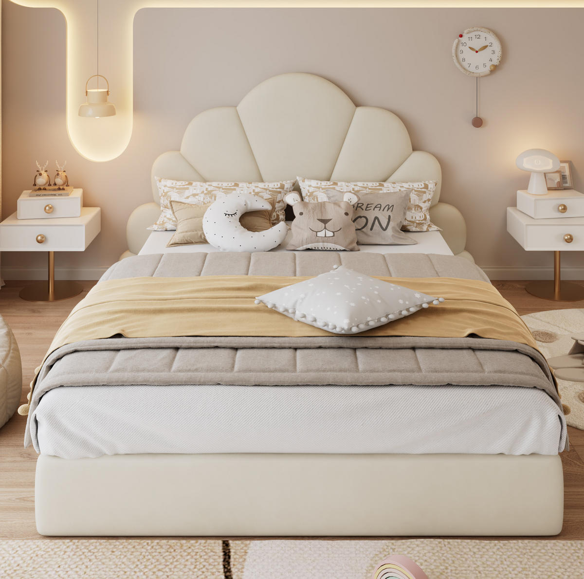 POLSTERBETT 140/200 cm aus Samt mit Blüten-Kopfteil Beige - Beige, Textil (140/200cm) - Modenvie