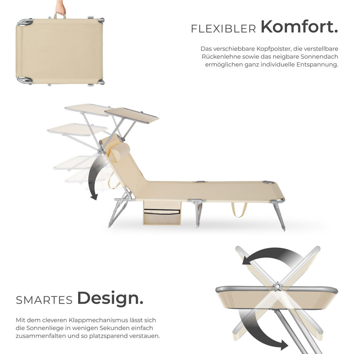 SONNENLIEGE Chloé,190 x 68 x 28 cm, mit Seitentasche,beige - Beige, Kunststoff (68/111/161cm) - tectake