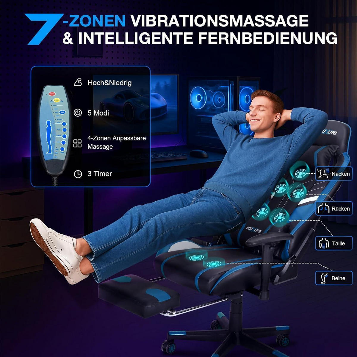 GAMING Stuhl mit Massagefunktion und Fußstütze Schwarz Blau - Multicolor, Kunststoff (32/55/82cm)