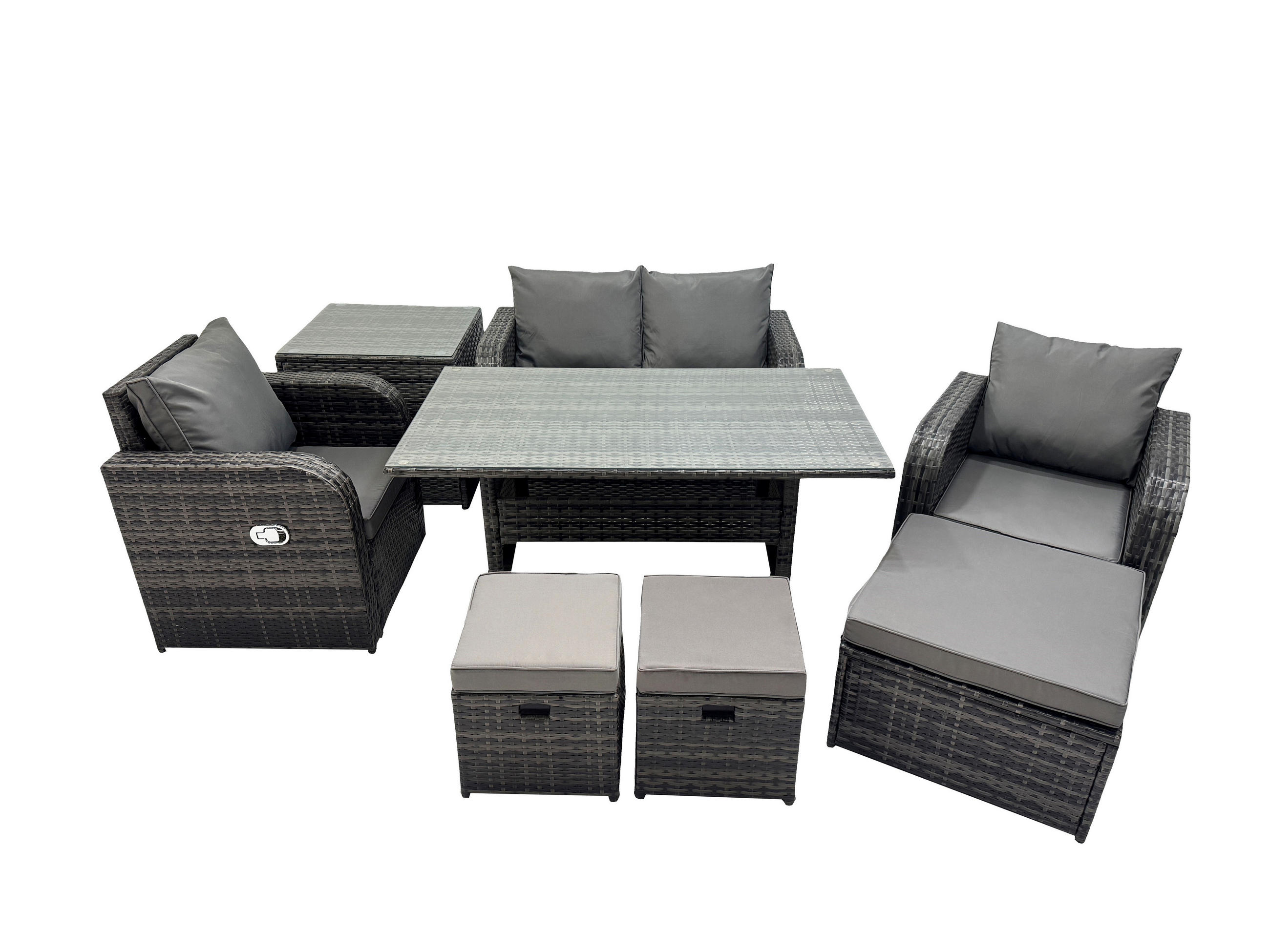 GARTENMÖBEL SET mit Hocker,Beistelltisch,Zweisitzer Polyrattan 7-Sitzer - Dunkelgrau/Grau, Glas/Kunststoff - Fimous
