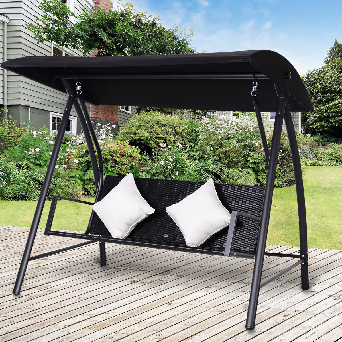2-SITZER Hollywoodschaukel Schaukel Polyrattan Metall mit Kissen 360kg Schwarz - Schwarz, Metall (124/179/198cm) - Outsunny