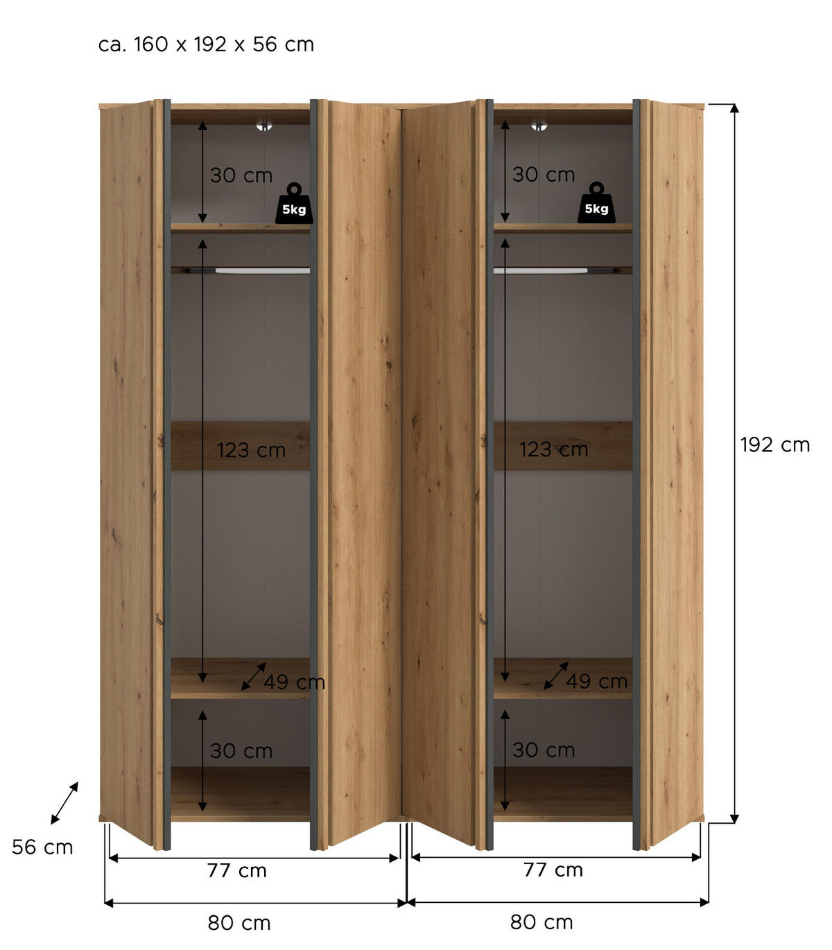 KLEIDERSCHRANK Eiche Artisan, grau 160 x 192 cm, Wäscheschrank 4-türig - Anthrazit/Eiche Artisan, Holzwerkstoff (160/192/56cm) - Inn.Furn