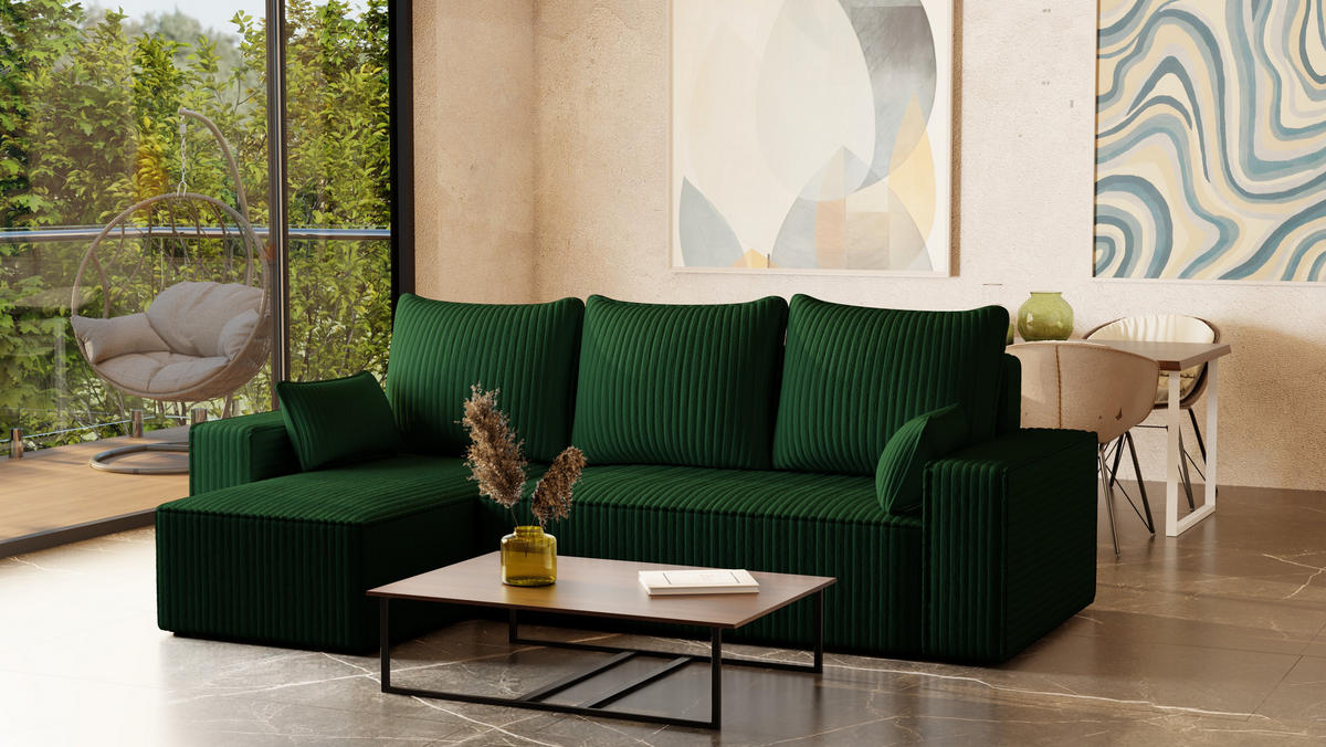 ECKSOFA Tobi mit Bettkasten und Schlaffunktion, L-Form/XL-Form, Cordstoff, Universal - Waldgrün, Holzwerkstoff (246/145cm) - 4ALL HOME