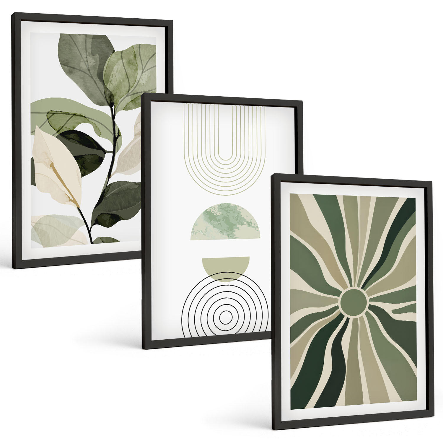 BILDER SET 3er Set - 40x60 cm Schwarzer Rahmen - Pflanzenmotive, Geometrie, Grün - Schwarz, Kunststoff (40/60cm) - TULUP