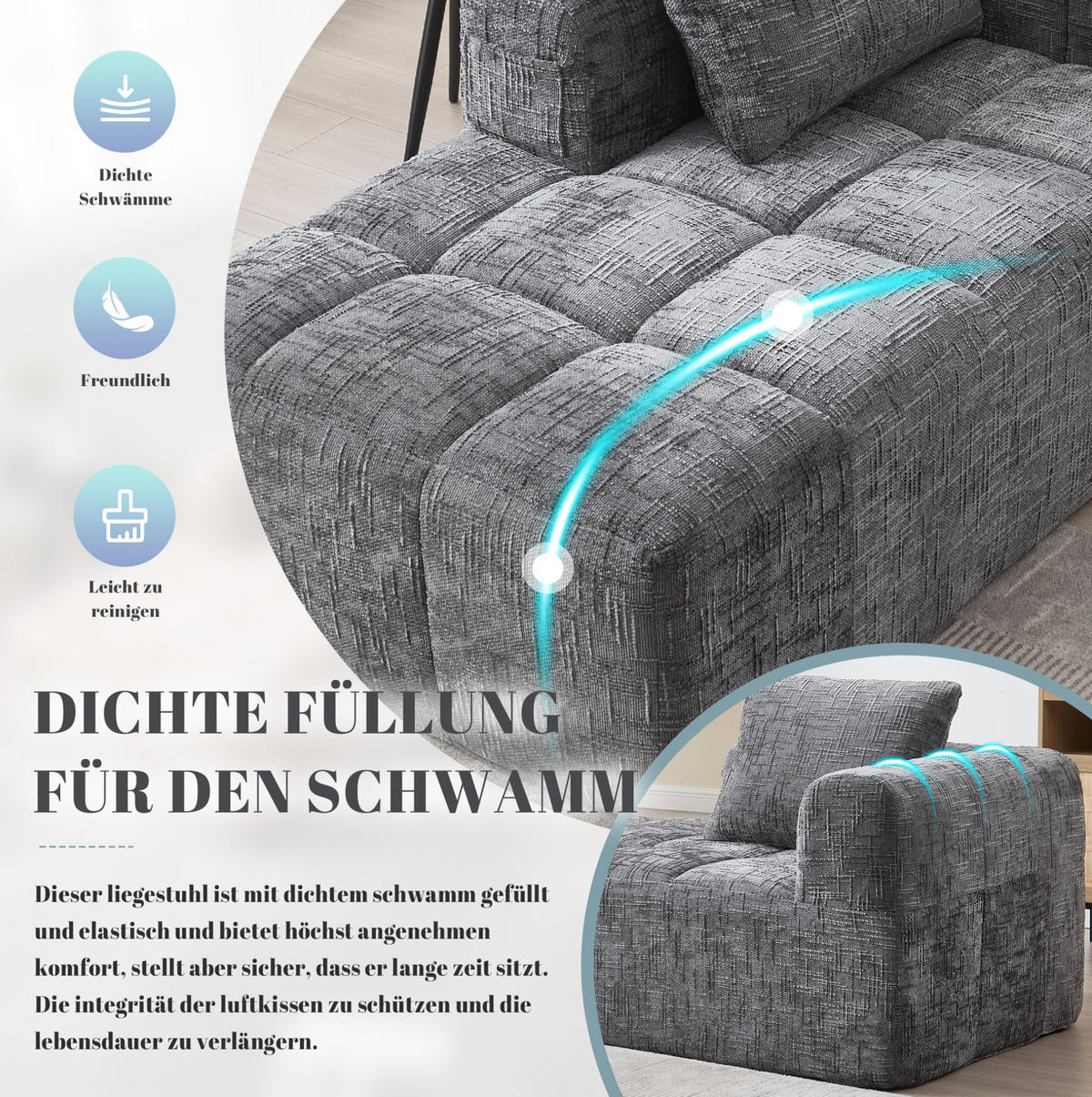 CHAISELONGUE Sofa Chenille mit Seitentaschen und Kissen 158/90/60 cm Grau - Grau, Textil (60/158/90cm) - Redom