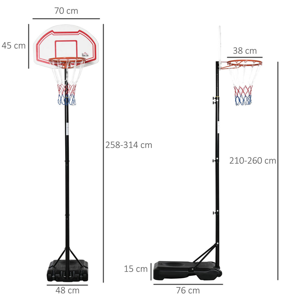 BASKETBALLKORB DE-18514 höhenverstellbar 2,1-2,6 m Schwarz/Weiß/Rot - Schwarz, Metall (76/70cm) - ComfortXL