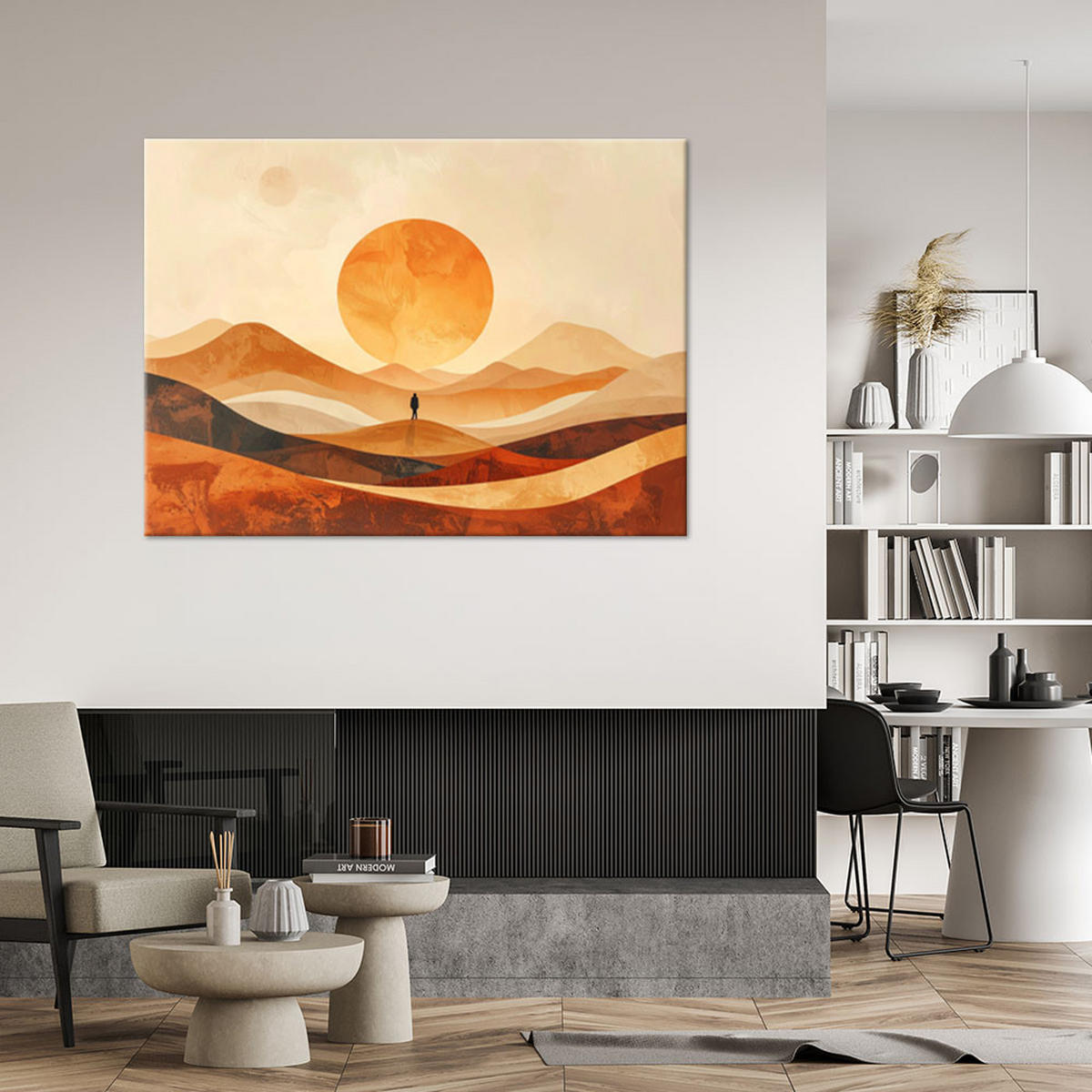 WANDBILD, Abstrakte Landschaft mit orangefarbener Sonne - Beige, Textil (30/20cm) - Feeby