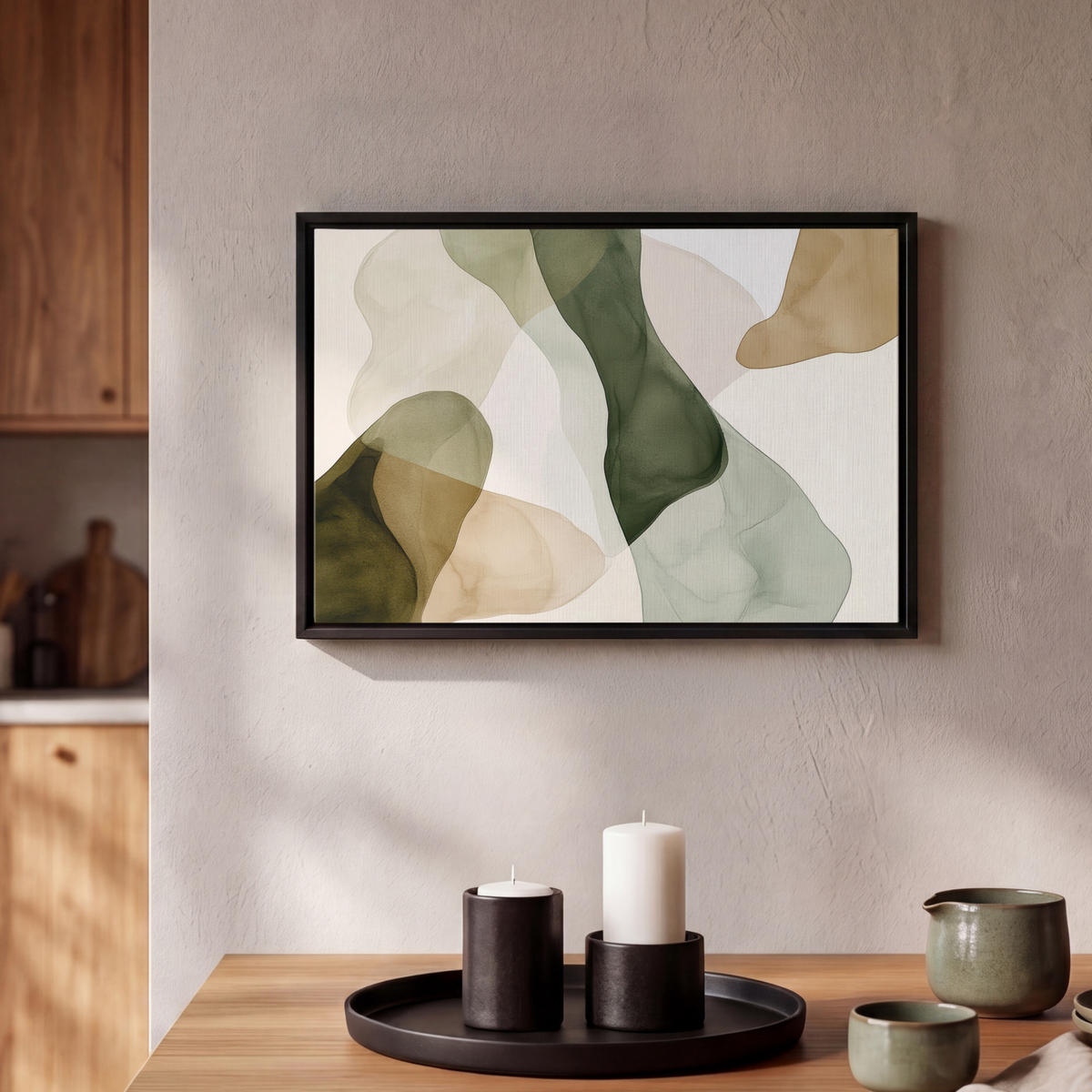 LEINWAND Bilder mit Rahmen - Japandi - Abstrakt - Grün - 30x20 - Salbeigrün, Textil (30/20cm) - MuchoWow