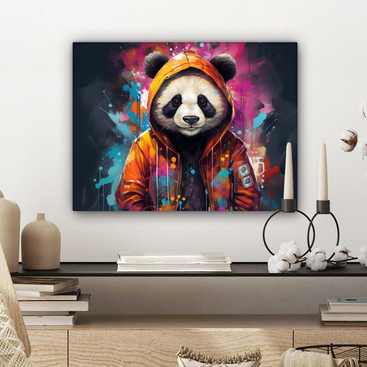 LEINWANDBILD Panda - Jacke - Graffiti - Orange Wandbild 40x30 cm - Orange, Textil (40/30cm) - MuchoWow