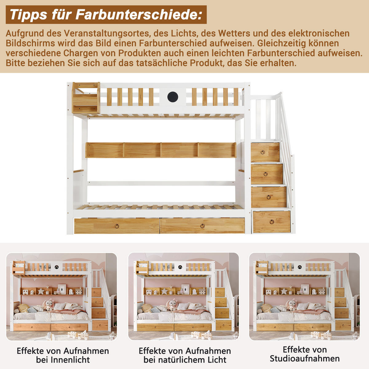 ETAGENBETT 90/200 cm mit Stauraumtreppe, Fallschutz, 2 Schubladen und Regal aus Kiefernholz & MDF, Weiß/Natur - Weiß, Holzwerkstoff (90/200cm) - Redom