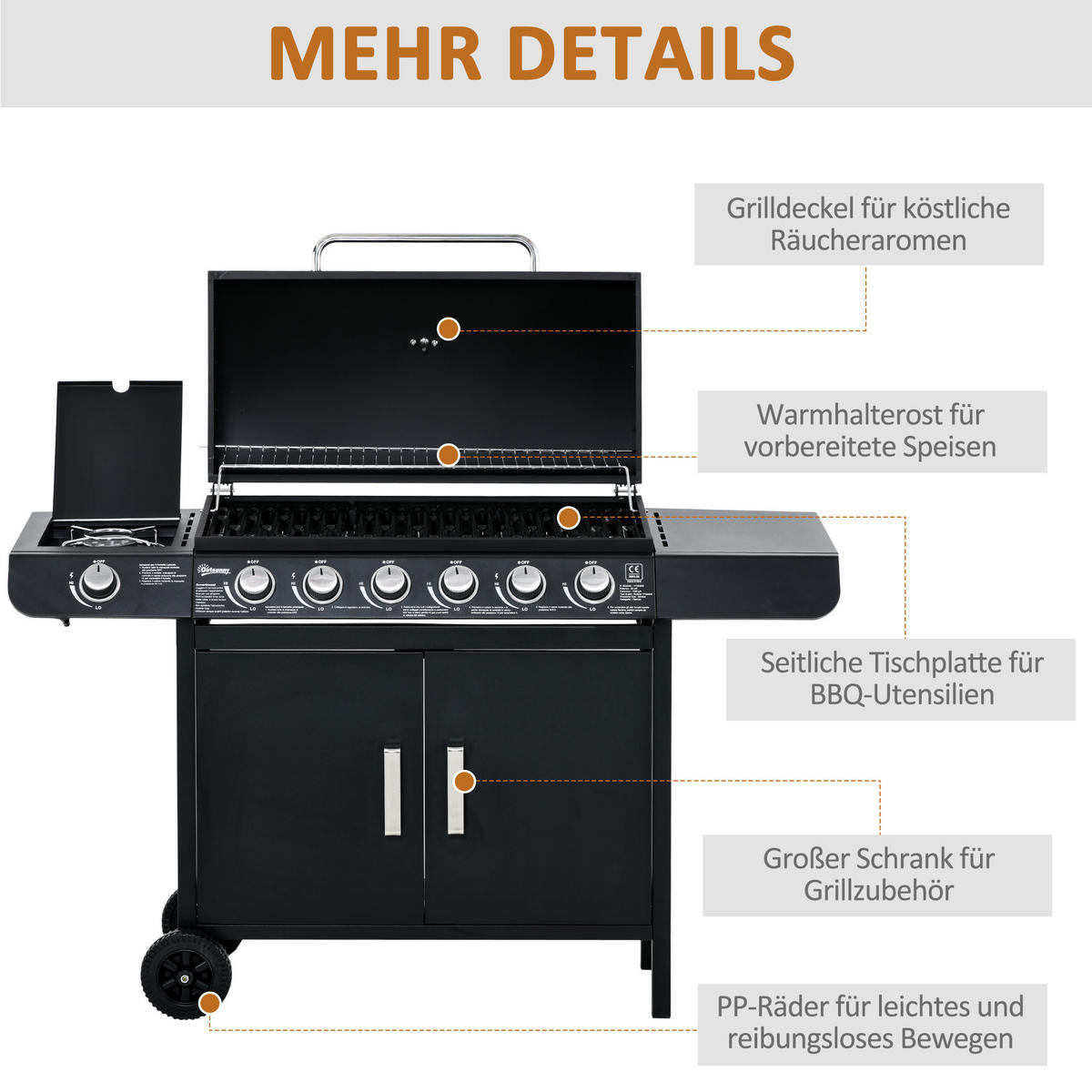 GASGRILL mit 6 Brennern 1 Seitenbrenner Schrank Multifunktion Metall Schwarz 135 x 50 x 100 cm - Schwarz, Metall (50/100/135cm) - Outsunny