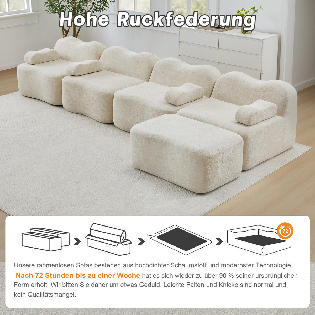 ECKSOFA 384/167/70 cm Beige mit 1 Fußhocker und bewegliches Armlehnenkissen - Beige, Textil (384/167cm) - Oxeza