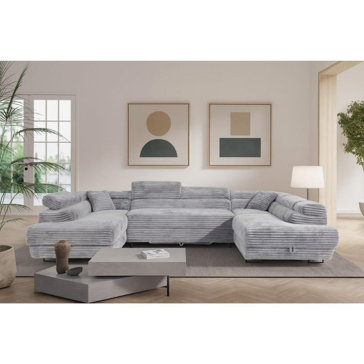 WOHNLANDSCHAFT Luis U mit Schlaffunktion und Bettkasten, 340 cm, Grau - Grau, Textil/Metall (340/88/205cm) - AN-Moebel 4u